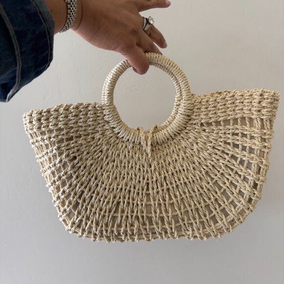 NEW Beige Bamboo Woven Semicircle Tote Handbag - Picture 12 of 12